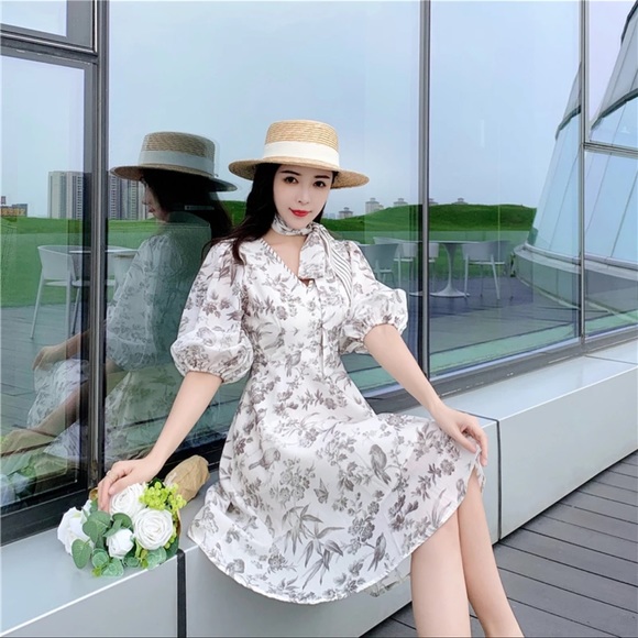 French Style Print Puff Sleeve Vintage Dress - Picture 10 of 15